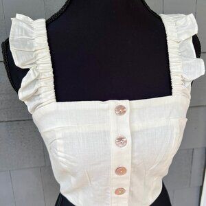 Choosy White Halter Top Cropped Ruffled Elastic Straps Button Down Small NWT